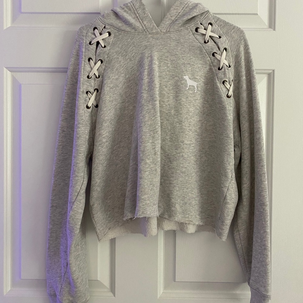 PINK lace up crop top hoodie